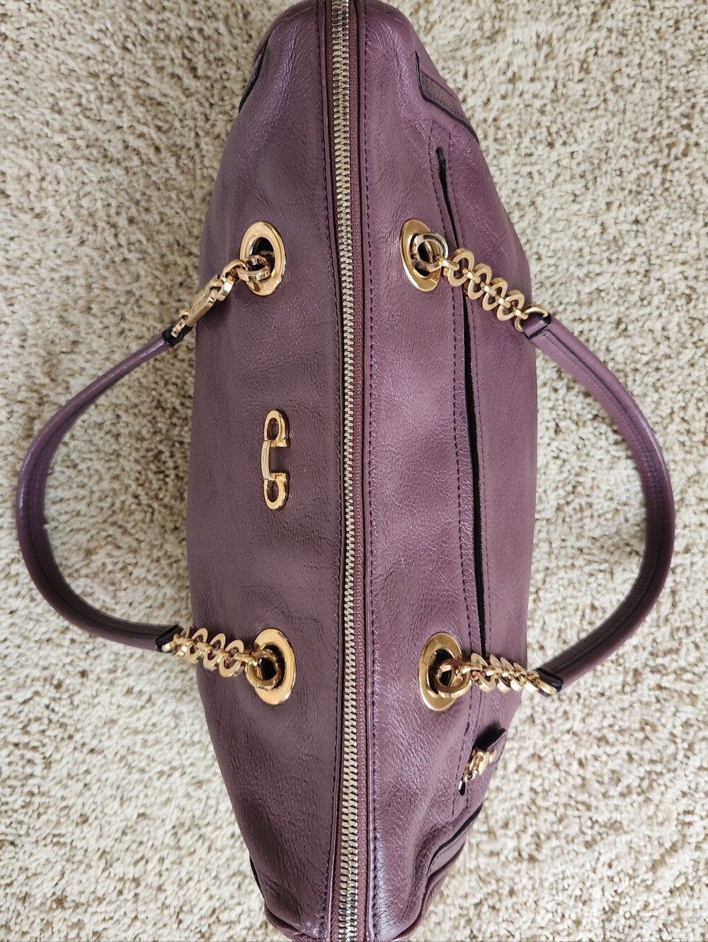 Salvatore Ferragamo Purple Leather Gancini Chain Shoulder Bag Tote Made In Italy - Picture 3 of 16